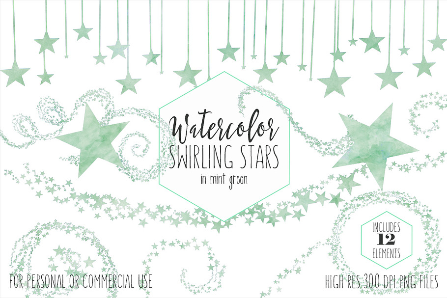 Mint Green Cute Watercolor Stars in Illustrations - product preview 8