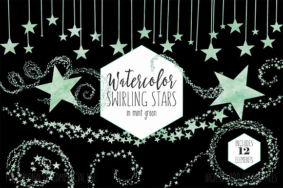 Mint Green Cute Watercolor Stars in Illustrations - product preview 1