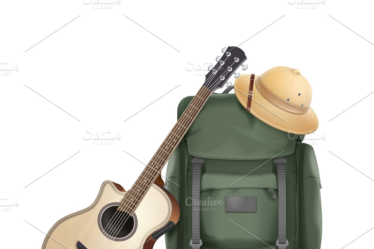 Backpack with hat and guitar in Illustrations - product preview 8