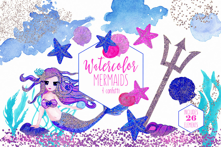 Cute Watercolor Mermaid Clipart in Illustrations - product preview 8