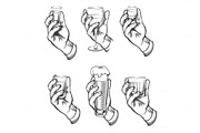 Hand holding drink vintage sketch icons