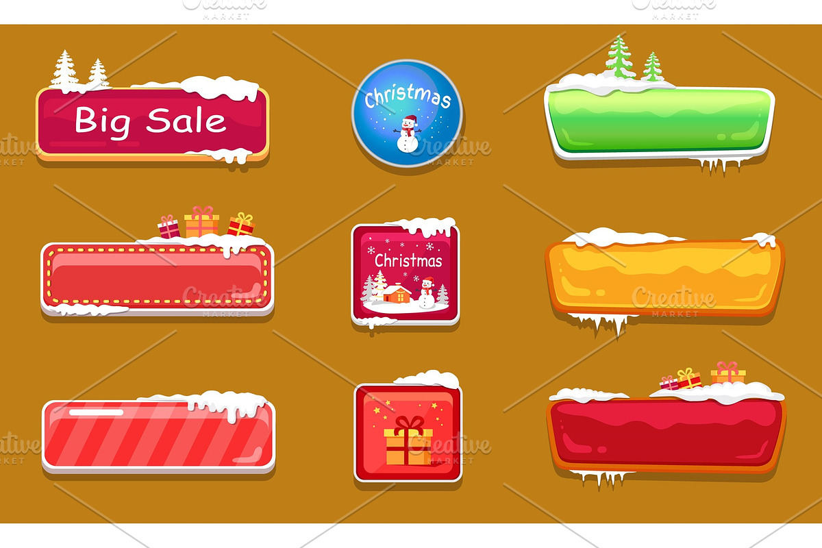 Set of Winter Theme Web Push Button Covered Snow in Objects - product preview 8