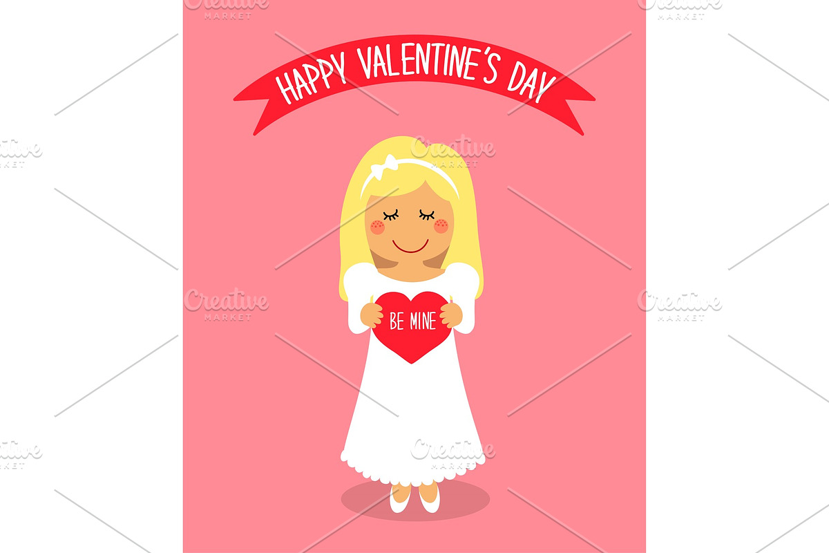 Cute Valentine's Day card with funny cartoon character of loving girl with heart in hands in Objects - product preview 8
