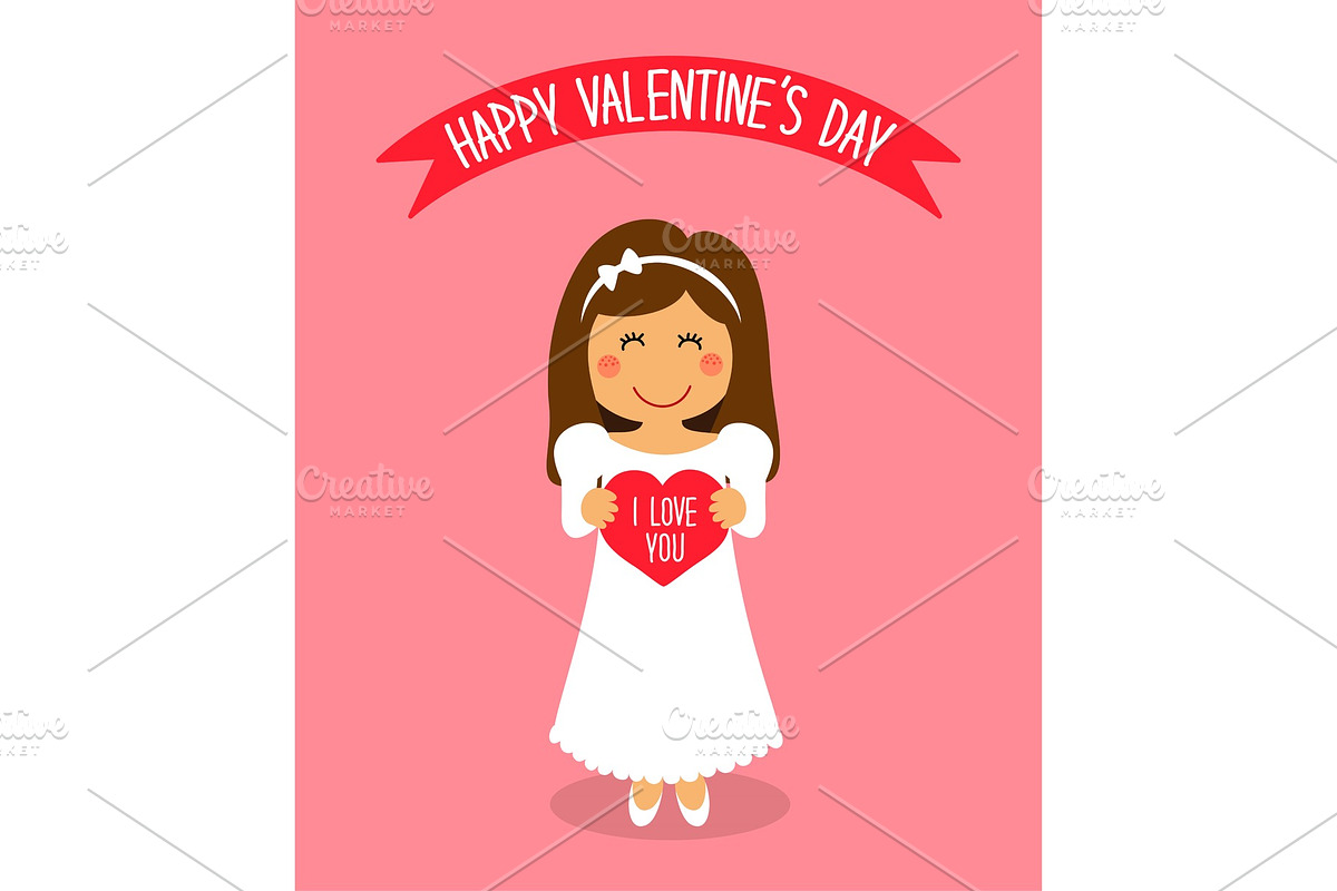 Cute Valentine's Day card with funny cartoon character of loving girl with heart in hands in Objects - product preview 8