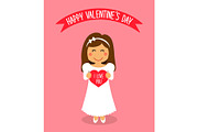 Cute Valentine's Day card with funny cartoon character of loving girl with heart in hands