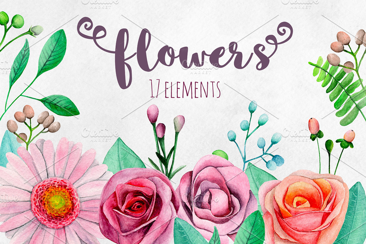 Watercolor garden flowers clip art in Illustrations - product preview 8