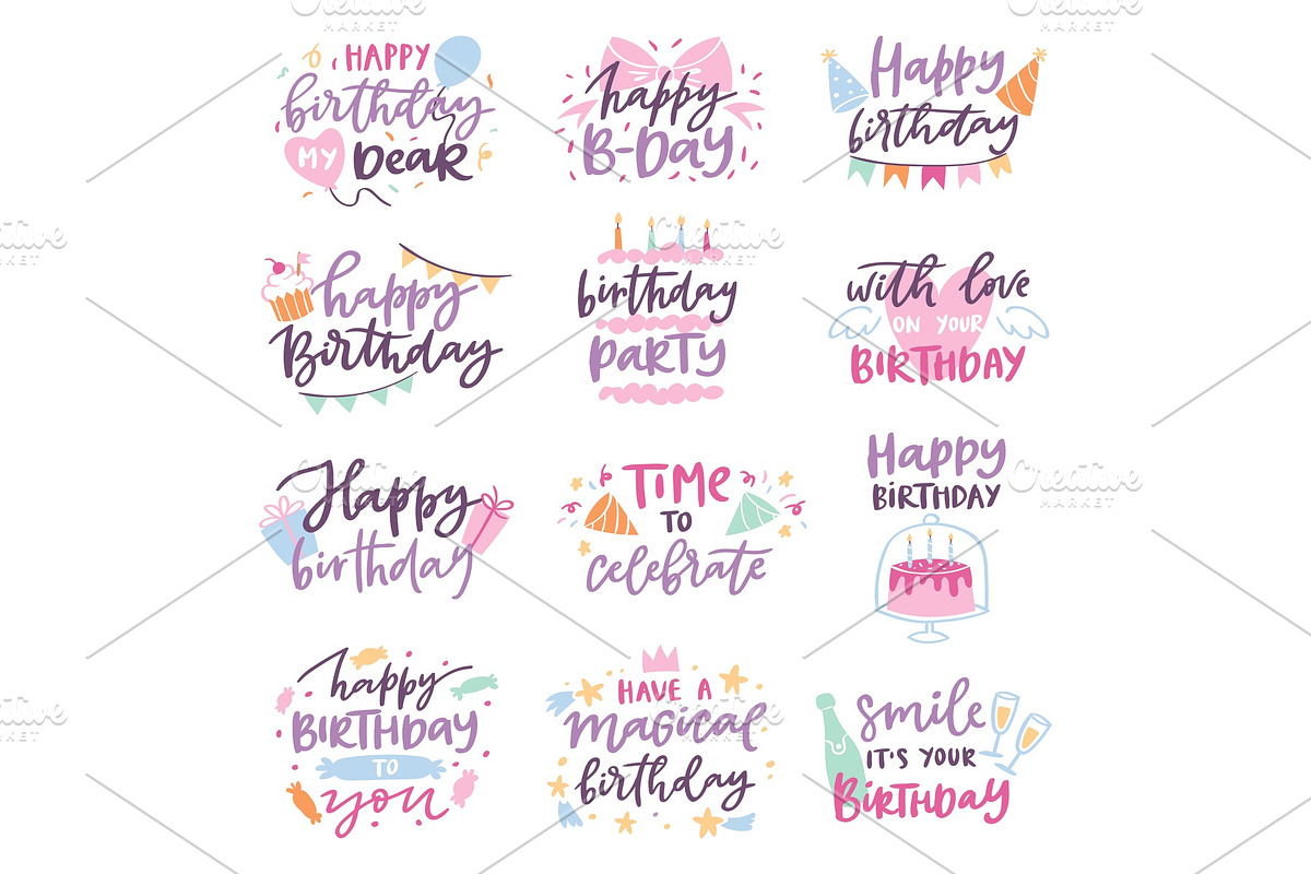 Happy birthday vector quote anniversary text sign kids birth lettering type with calligraphy letters or textual font for anniversary greeting card to typography illustration isolated on white in Illustrations - product preview 8