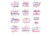 Happy birthday vector quote anniversary text sign kids birth lettering type with calligraphy letters or textual font for anniversary greeting card to typography illustration isolated on white