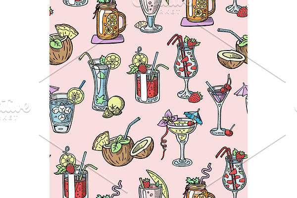 Cocktail vector alcohol beverage drinking alcoholic tequila martini drink cocktail in glass with pina colada mojito and cosmopolitan or drinkable bellinis isolated seamless pattern background