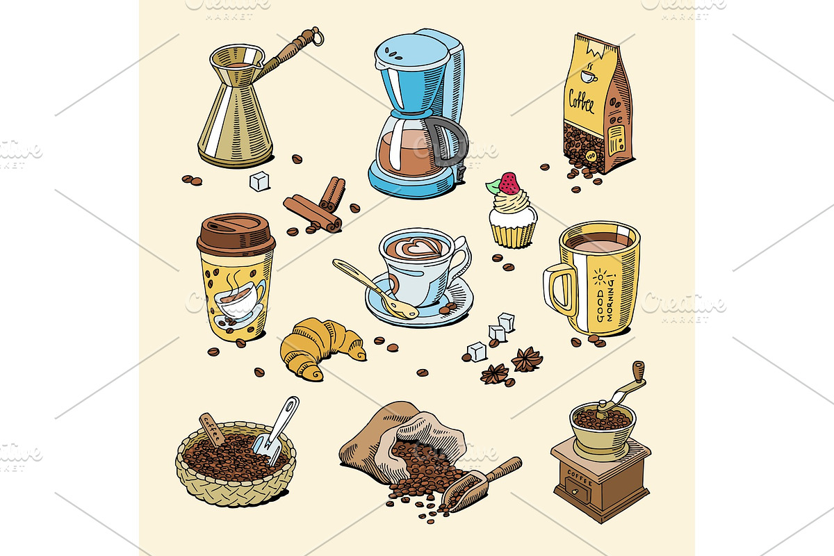 Coffee set coffeebeans and coffeecup vector drink hot espresso or cappuccino in coffeeshop and mug with caffeine in bar illustration isolated on background in Illustrations - product preview 8