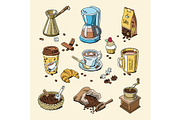 Coffee set coffeebeans and coffeecup vector drink hot espresso or cappuccino in coffeeshop and mug with caffeine in bar illustration isolated on background