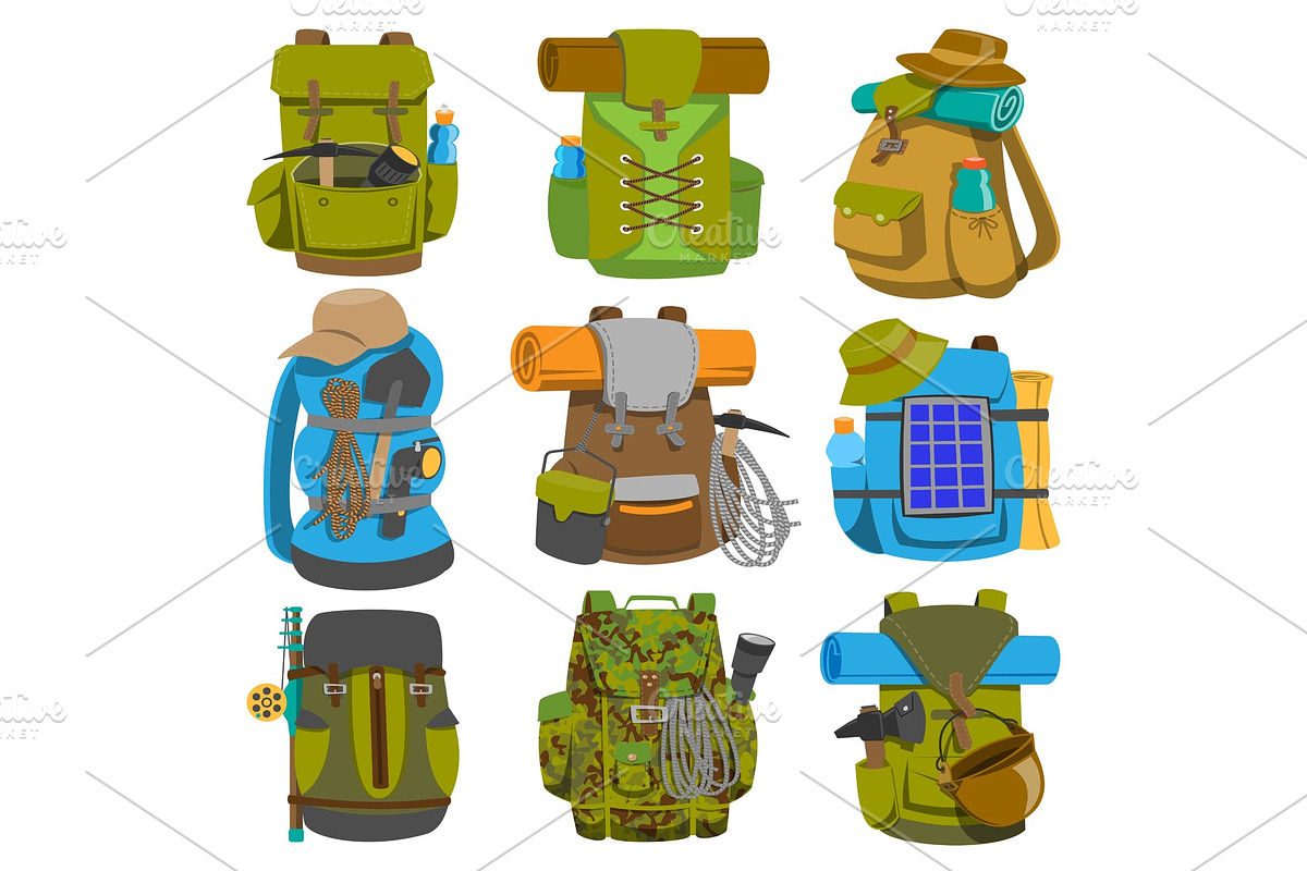 Backpack camp vector backpacking travel bag with tourist equipment in hiking camping and climbing sport knapsack or rucksack set illustration isolated on white background in Illustrations - product preview 8