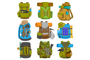 Backpack camp vector backpacking travel bag with tourist equipment in hiking camping and climbing sport knapsack or rucksack set illustration isolated on white background