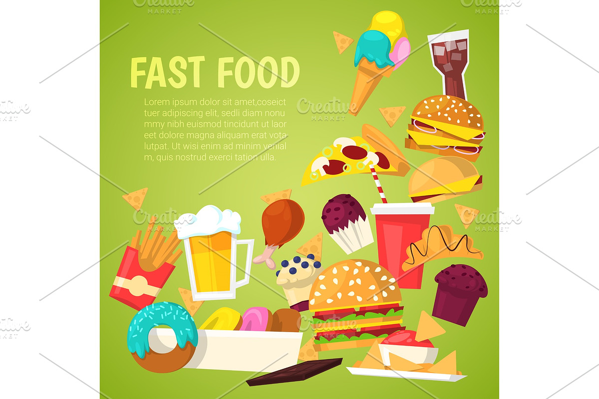 Fast food vector nutrition american hamburger or cheeseburger unhealthy eating concept junk fast-food snacks burger or sandwich and soda drink illustration background in Illustrations - product preview 8