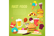 Fast food vector nutrition american hamburger or cheeseburger unhealthy eating concept junk fast-food snacks burger or sandwich and soda drink illustration background