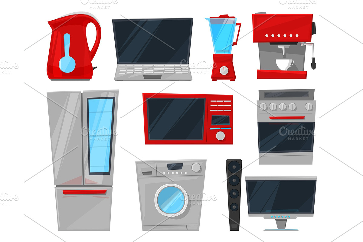 Household appliances electronic vector kitchen homeappliance for house set refrigerator or washing machine in appliancestore illustration isolated on white background in Illustrations - product preview 8