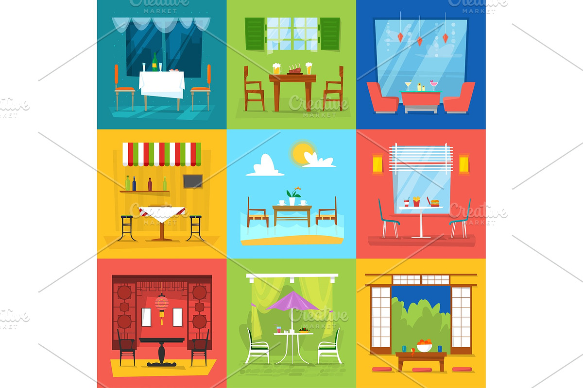 Restaurant interior vector cafe decor dining furniture table and chair for romantic lunch dinner in cafeteria club bar or pub set illustration isolated on background in Illustrations - product preview 8