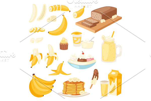 Banana set vector bananas products bread pancake or banana split with yellow cocktail and fruit in chocolate illustration bananapeel or skin isolated on white background