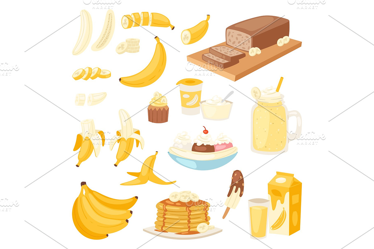 Banana set vector bananas products bread pancake or banana split with yellow cocktail and fruit in chocolate illustration bananapeel or skin isolated on white background in Illustrations - product preview 8