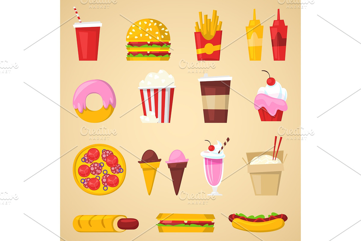 Fast food vector nutrition american hamburger or cheeseburger unhealthy eating concept junk fast-food snacks burger or sandwich and soda drink illustration isolated on background in Illustrations - product preview 8