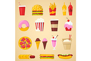 Fast food vector nutrition american hamburger or cheeseburger unhealthy eating concept junk fast-food snacks burger or sandwich and soda drink illustration isolated on background