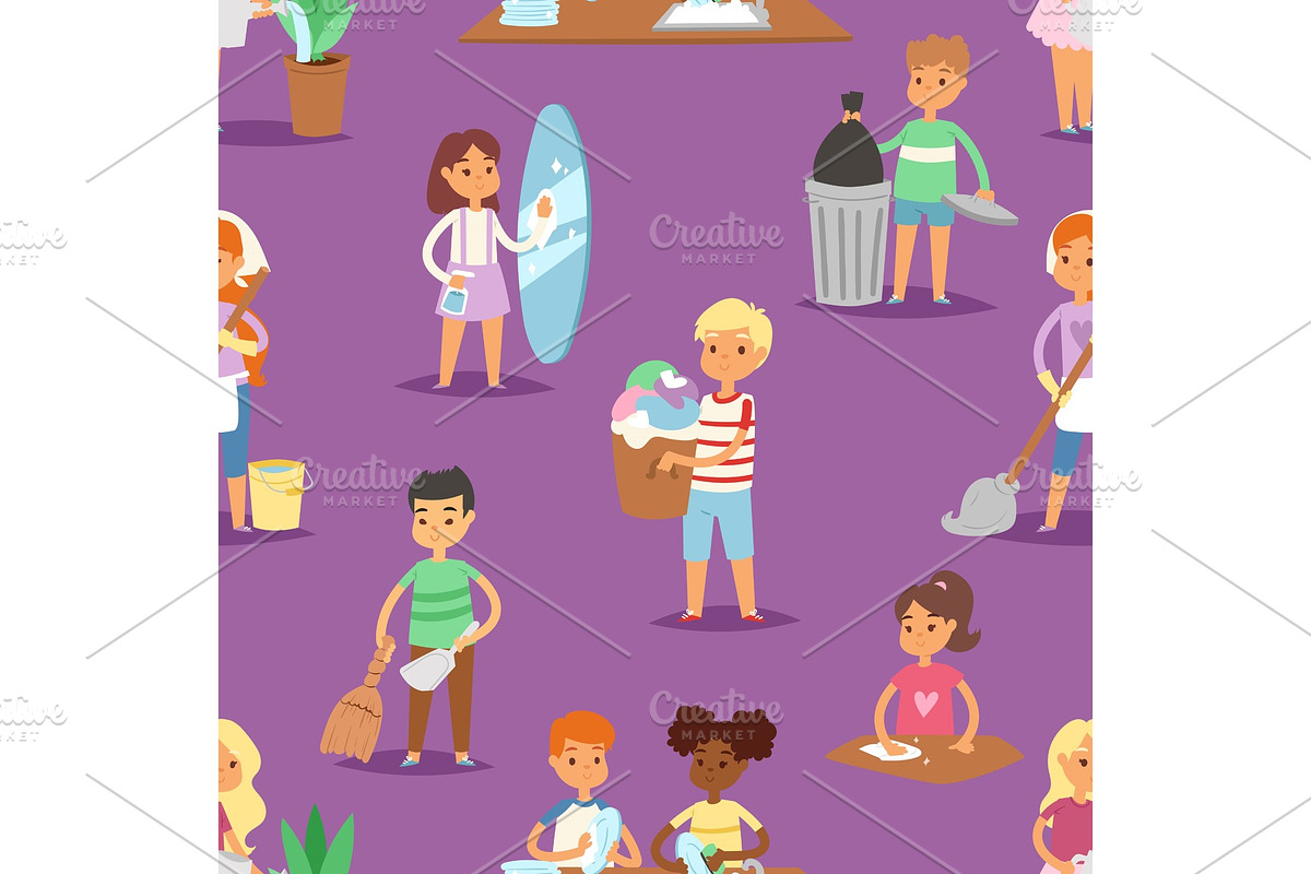 Kids vector cleaning rooms and helping their mums housework cartoon characters clean up illustration colorful set seamless pattern background in Illustrations - product preview 8