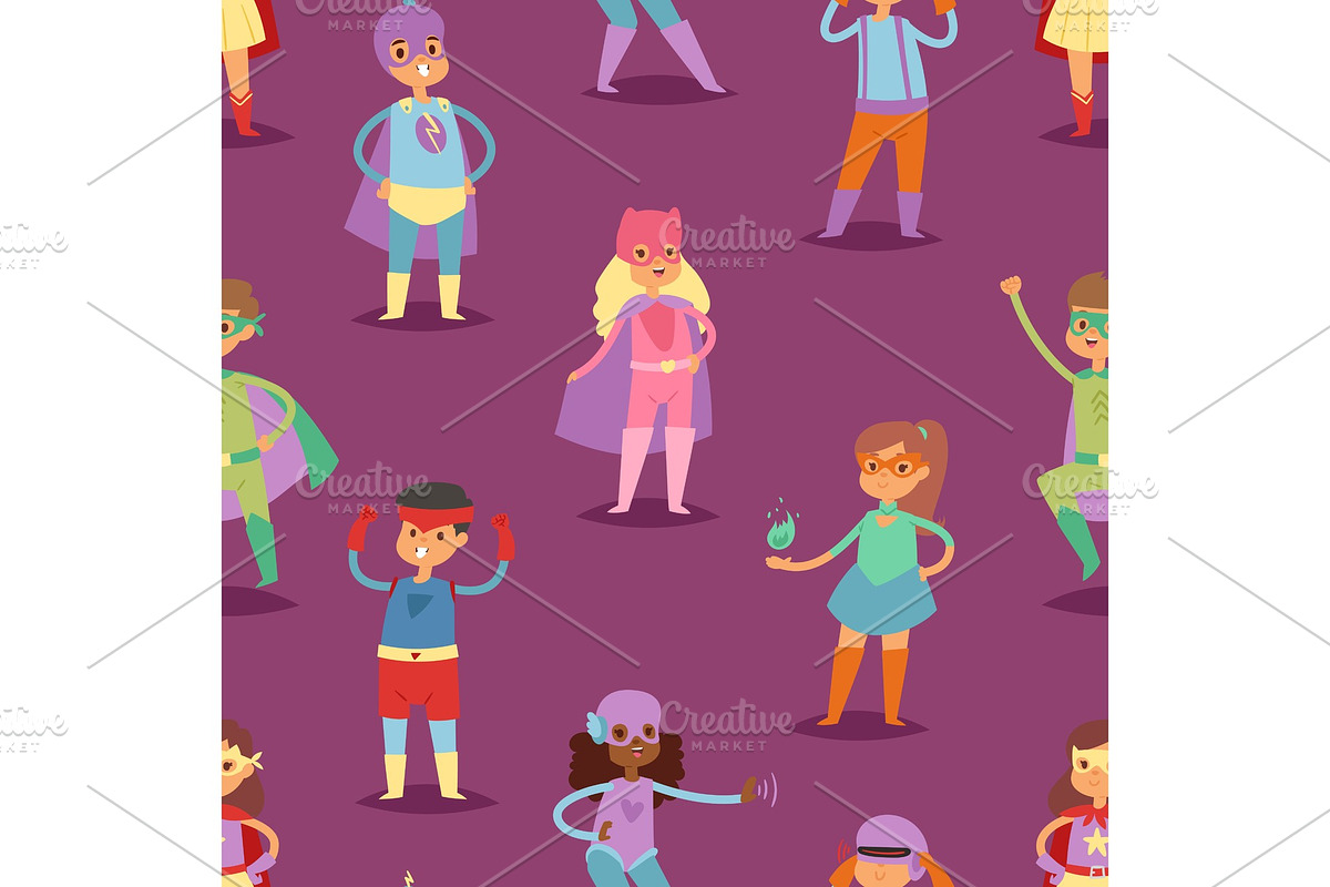 Superhero kids vector super hero child or kid in mask cartoon character of girl or boy in costume in childhood playing heroic game on carnival illustration seamless pattern background in Illustrations - product preview 8