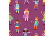 Superhero kids vector super hero child or kid in mask cartoon character of girl or boy in costume in childhood playing heroic game on carnival illustration seamless pattern background
