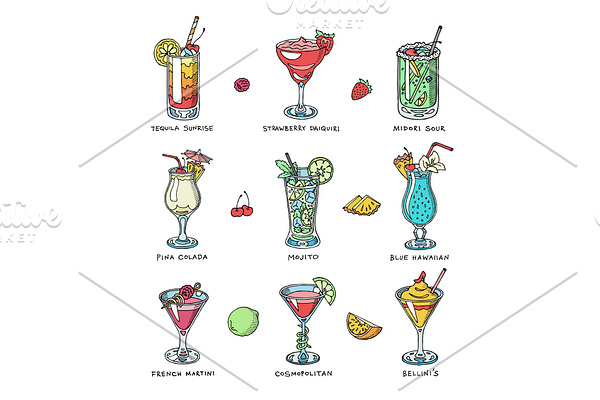 Cocktail vector alcohol beverage drinking alcoholic tequila martini drink cocktail in glass with pina colada mojito and cosmopolitan or drinkable bellinis isolated on white background illustration