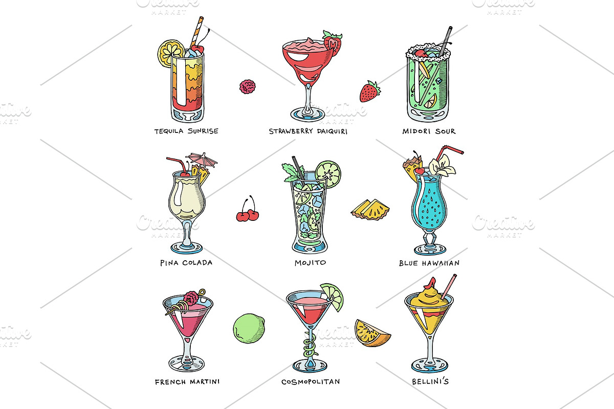 Cocktail vector alcohol beverage drinking alcoholic tequila martini drink cocktail in glass with pina colada mojito and cosmopolitan or drinkable bellinis isolated on white background illustration in Illustrations - product preview 8