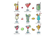 Cocktail vector alcohol beverage drinking alcoholic tequila martini drink cocktail in glass with pina colada mojito and cosmopolitan or drinkable bellinis isolated on white background illustration