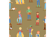 Farmer vector people workers character agriculture person profession farming life illustration woman and man work hard with tools seamless pattern background