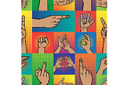 Popart hands fingers vector gesture human symbols hands different pop art handle pose signal illustration seamless pattern background