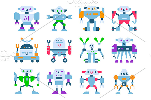 Robots vector cartoon robotic kids toy cute character monster or transformer cyborg robotics transform robotically isolated in white background illustration