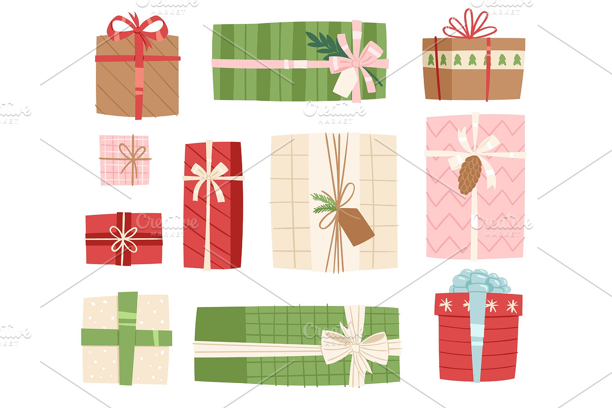 Gift box vector present packs Christmas or Birthday flat illustration celebration giftbox bow object isolated on background in Objects - product preview 8