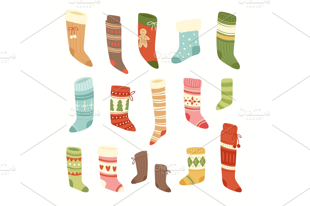 Christmas socks vector Santa Xmas New Year gift traditional Christians symbol sey illustration different textile design food clothes in Objects - product preview 8