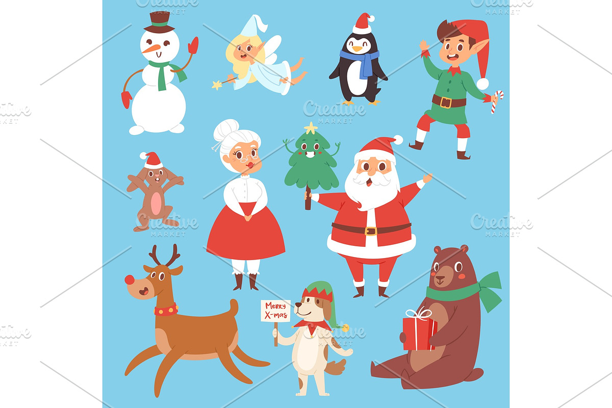 Christmas vector characters cute cartoon Santa Claus, snowman, Reindeer, Xmas bear, Santa wife, dog New Year symbol, elf child boy and penguin individual characteristics illustration in Objects - product preview 8