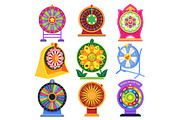 Fortune wheel vector spin game icons roulette lucky fortunate wheeled lottery casino set illustration isolated on white background