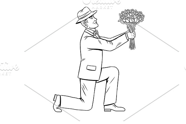 Man gives flowers bouquet coloring book vector