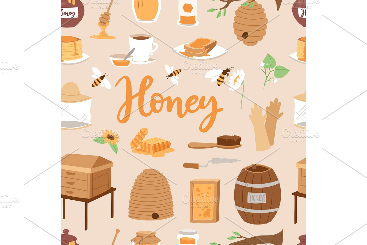 Apiary honey farm vector illustrations beekeeping honecomb jar natural organic sweet insect honied beeswax honeyed beehive beekeeper seamless pattern background in Textures - product preview 8