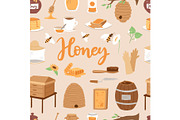 Apiary honey farm vector illustrations beekeeping honecomb jar natural organic sweet insect honied beeswax honeyed beehive beekeeper seamless pattern background