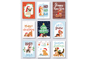 Christmas 2018 dog card vector cute cartoon puppy characters illustration home pets doggy Xmas print design web banner celebrate in Santa Red Hat