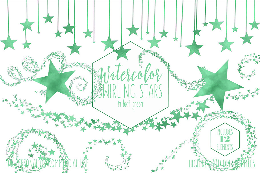 Kelly Green Watercolor Star Clipart in Illustrations - product preview 8
