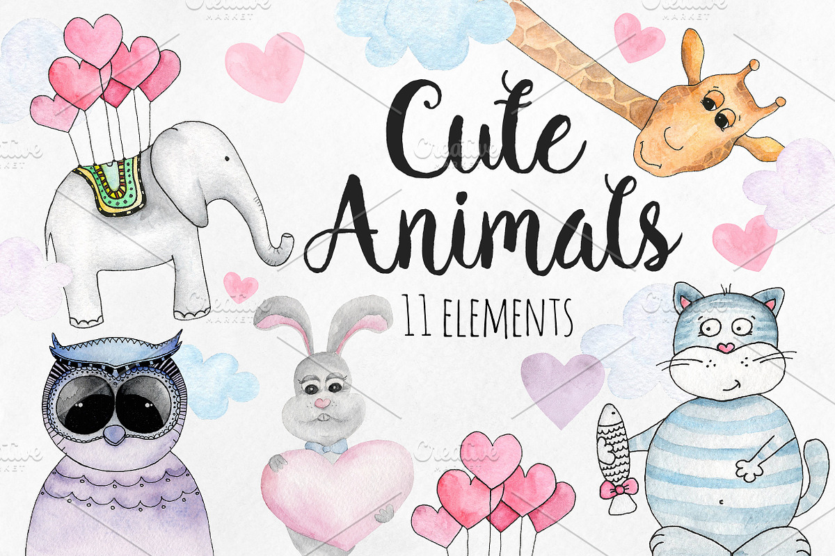 Watercolor cute animals clip art in Illustrations - product preview 8