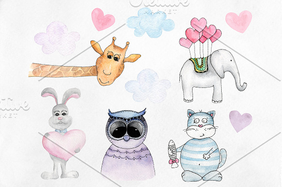 Watercolor cute animals clip art in Illustrations - product preview 1