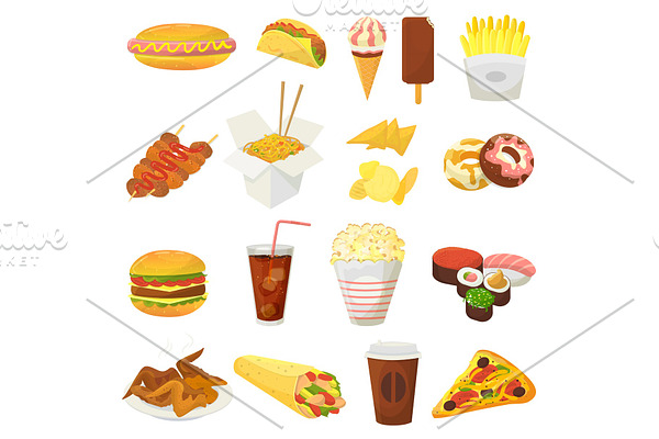 Fast food vector hamburger or cheeseburger with chicken wings and eating junk fastfood snacks burger or sandwich with soda drink icecream or donut illustration isolated on white background