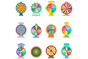 Fortune wheel vector spin game icons casino roulette with arrow lucky winner or bankrupt in fortunate wheeled lottery bet set illustration isolated on white background