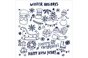 Happy New Year Winter Holidays Hand Drawn Elements