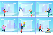 Cityscape and Wintertime Set Vector Illustration