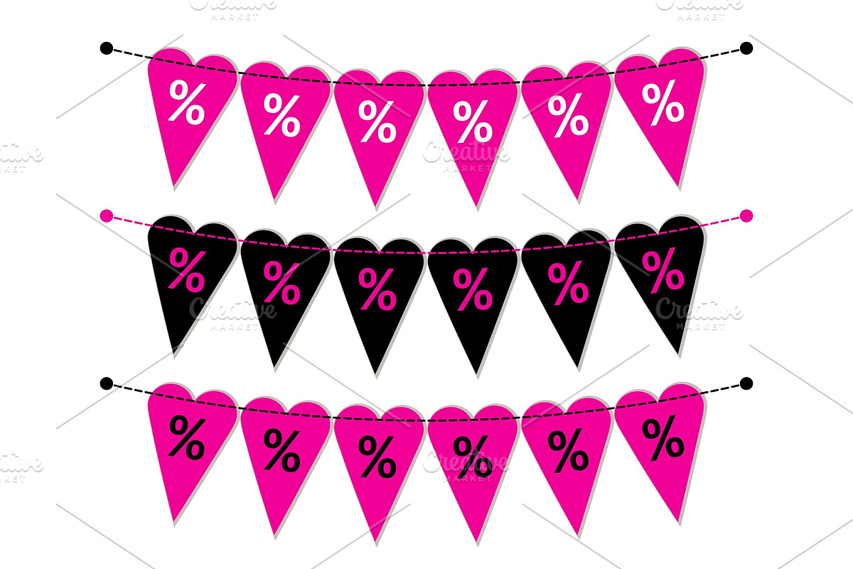 Eye catching set of heart shaped Valentines Day SALE bunting flags as different bright garlands with percent symbols in Objects - product preview 8
